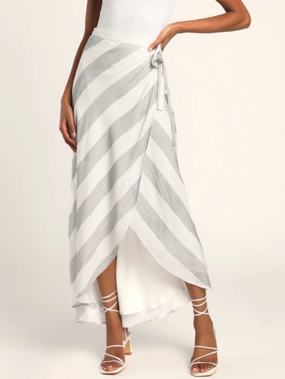 Lulus Golden Sunset Grey and White Striped Wrap Maxi Skirt